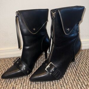 Black Leather Ankle Boots with Zipper and Buckle